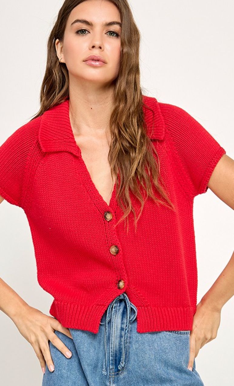 Collared Knit Top Red