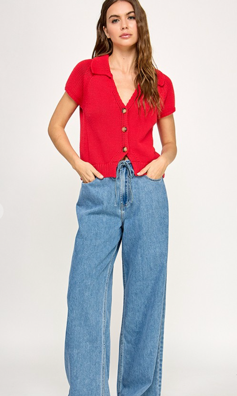 Collared Knit Top Red