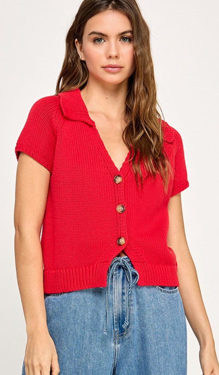 Collared Knit Top Red