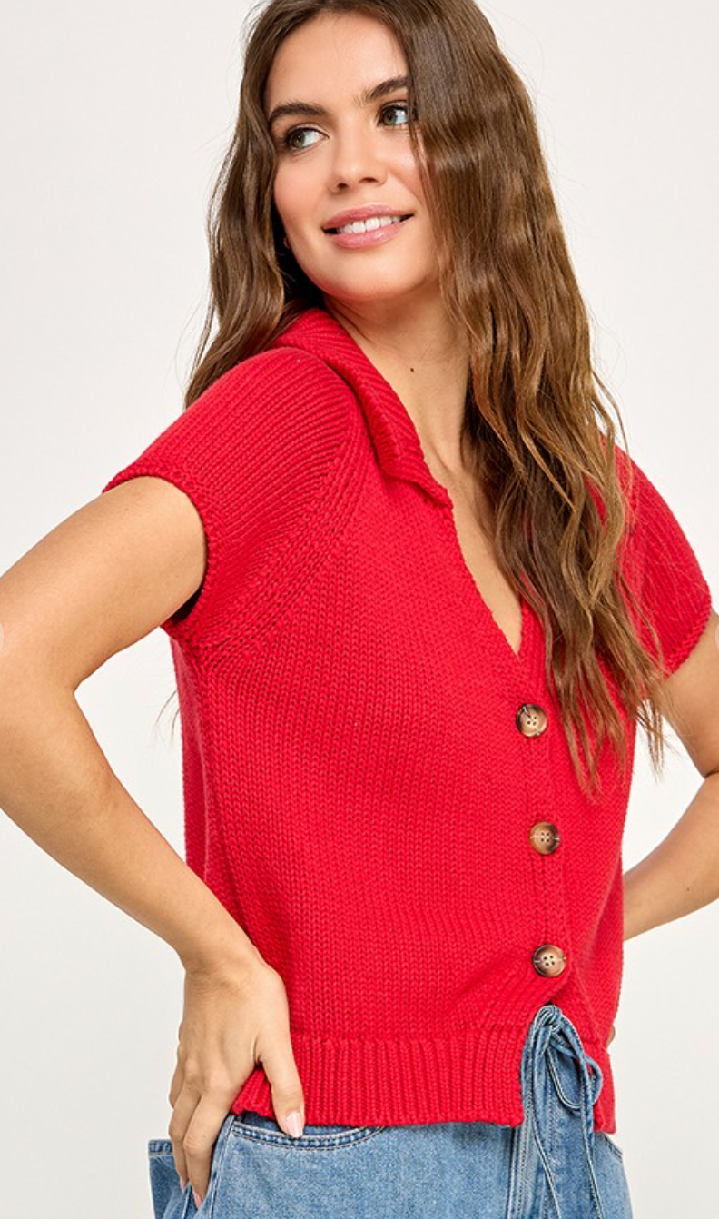 Collared Knit Top Red