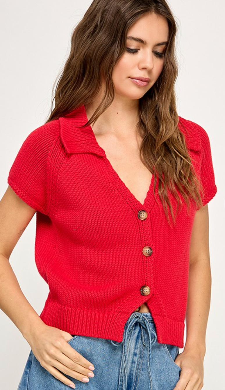 Collared Knit Top Red