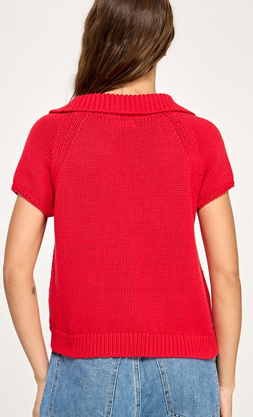 Collared Knit Top Red