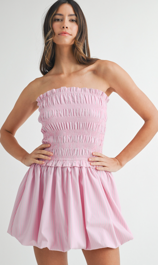 Pink Strapless Stripe Balloon Dress