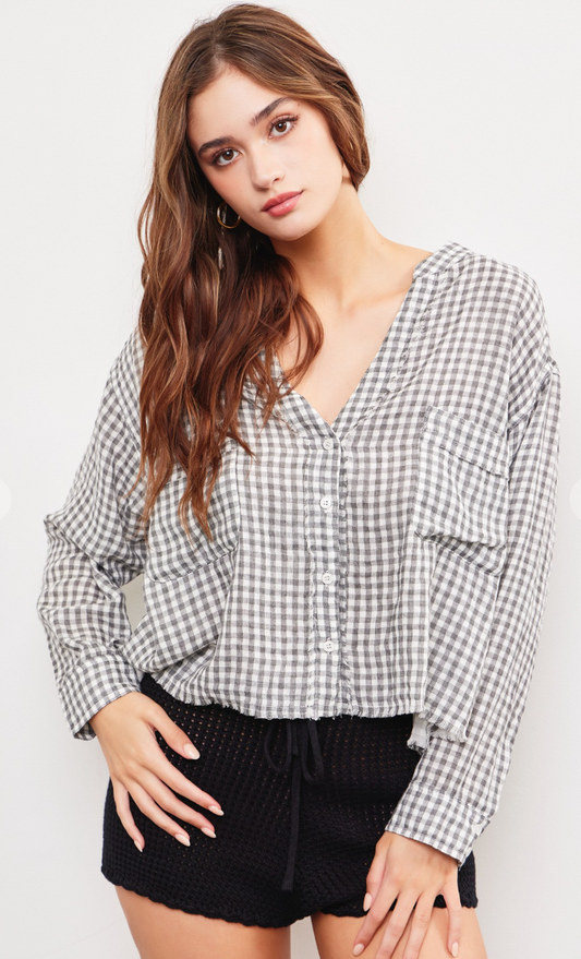 V-neck Gingham Top Grey