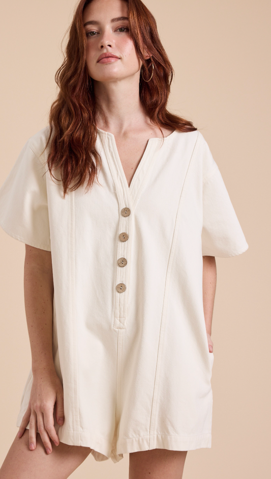 Dori Button Cotton Romper Ivory