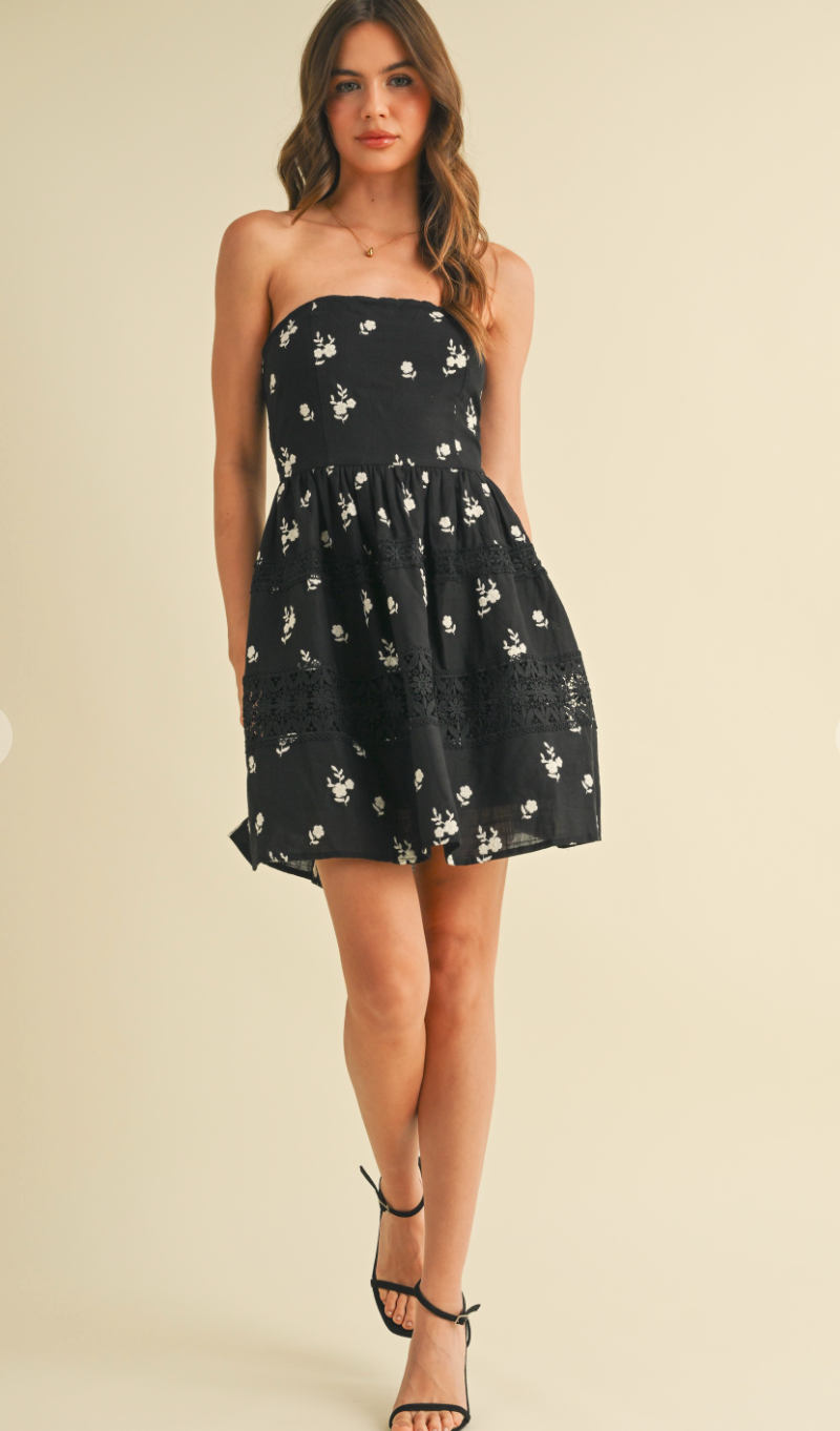 Strapless Embroidered Floral Dress