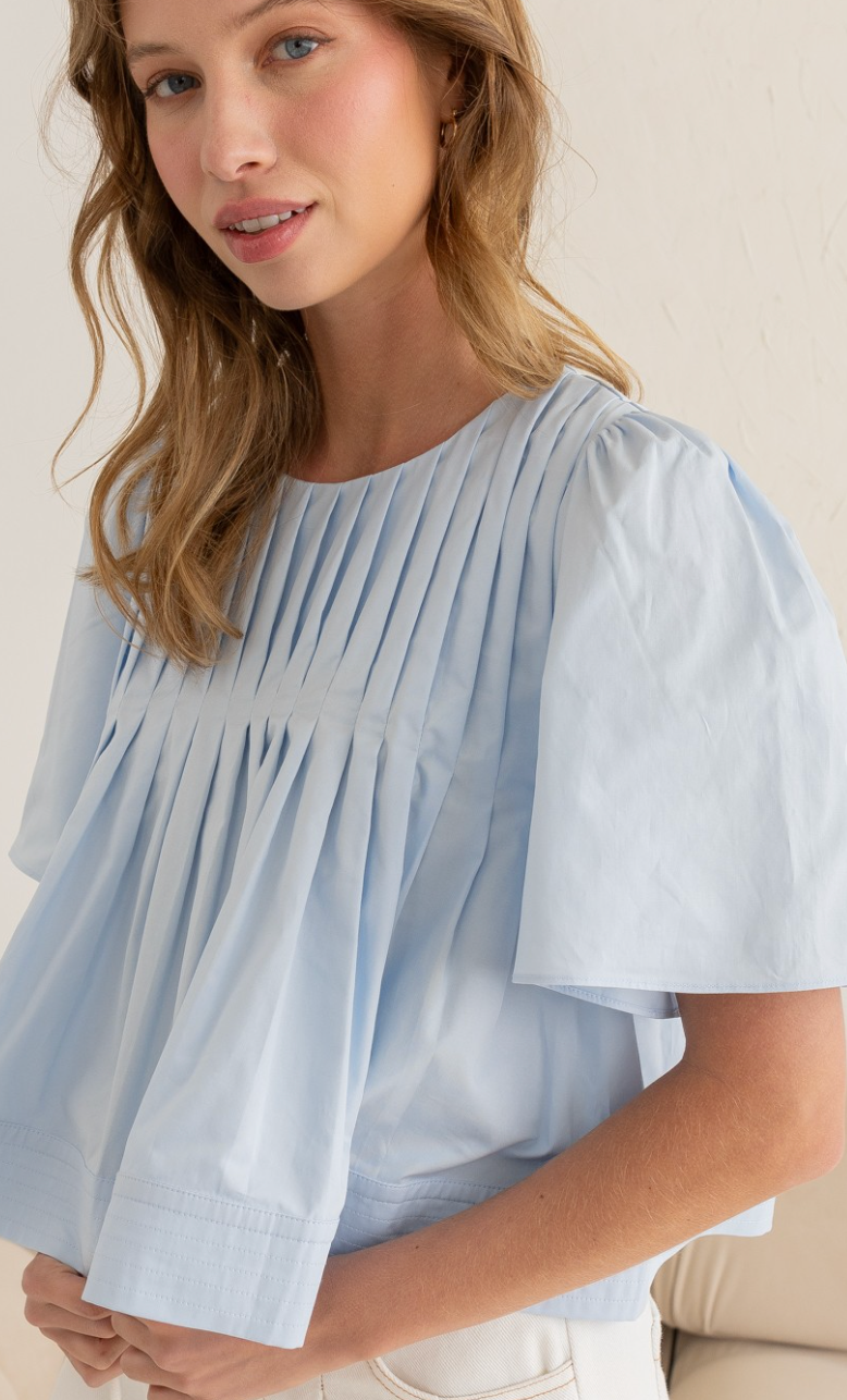 Pleated Short Sleeve Top Blue