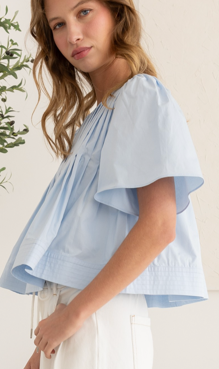 Pleated Short Sleeve Top Blue
