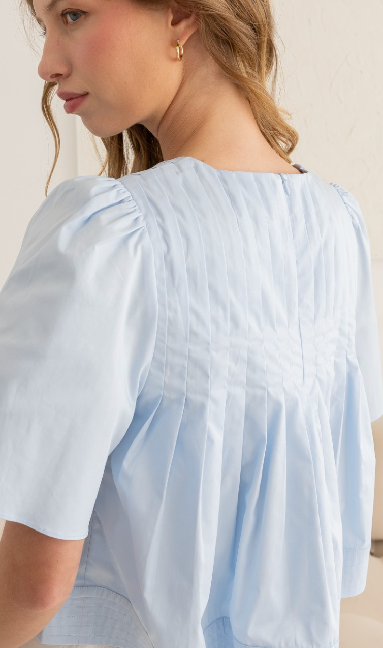Pleated Short Sleeve Top Blue