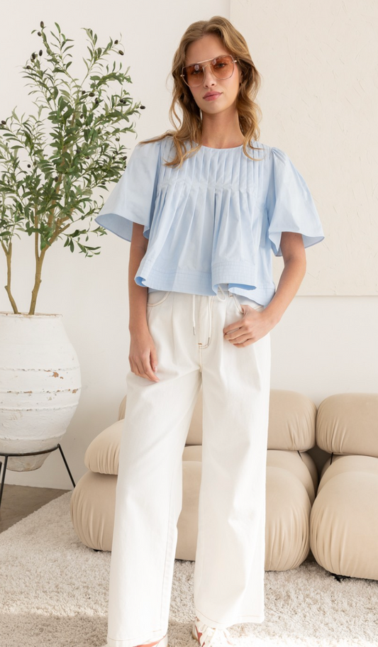 Pleated Short Sleeve Top Blue