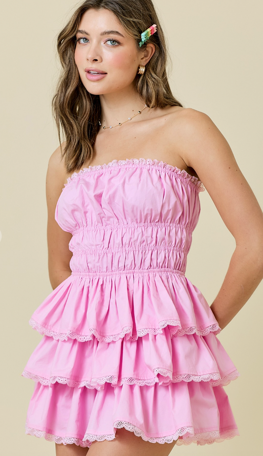 Gia Lace Trim Strapless Dress Pink