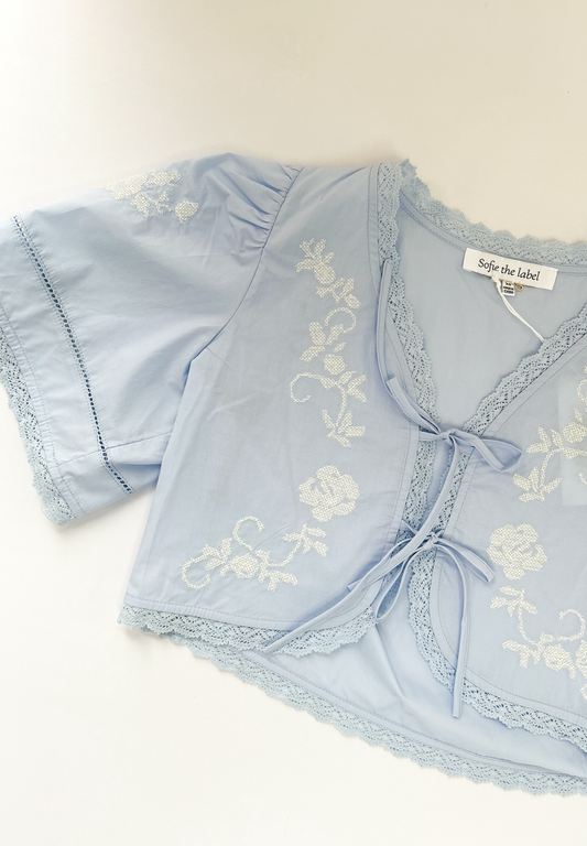 Judy Embroidered Tie Top Blue