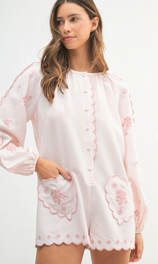 Seersucker Heart Pocket Romper Pink