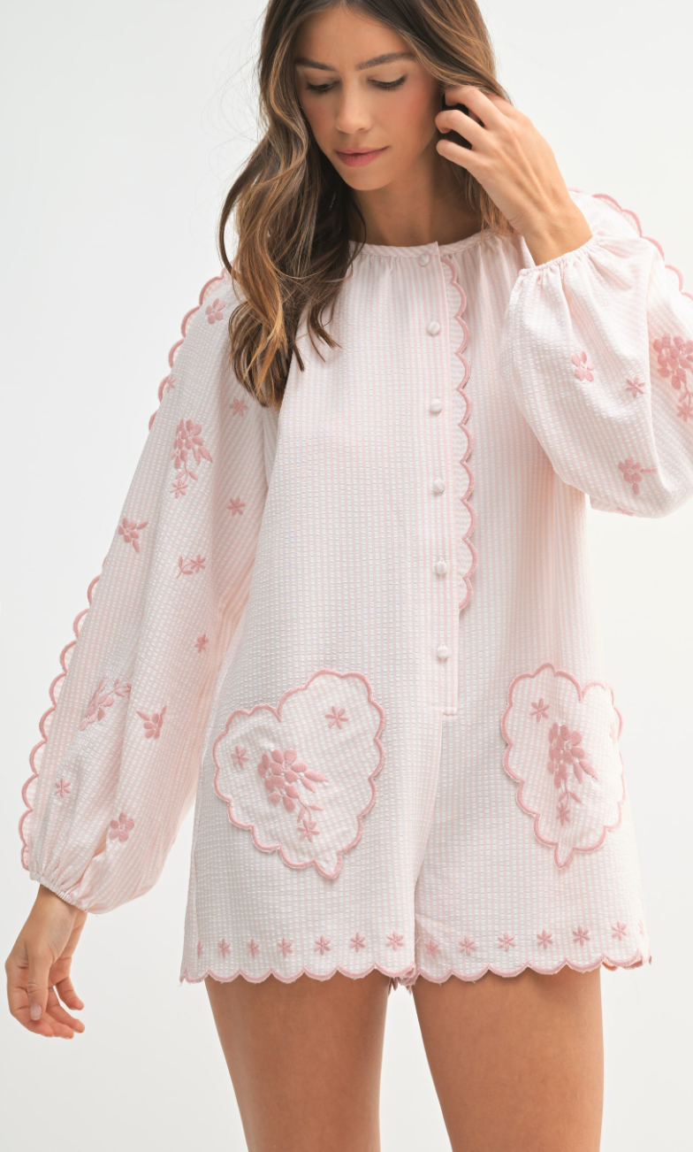 Seersucker Heart Pocket Romper Pink