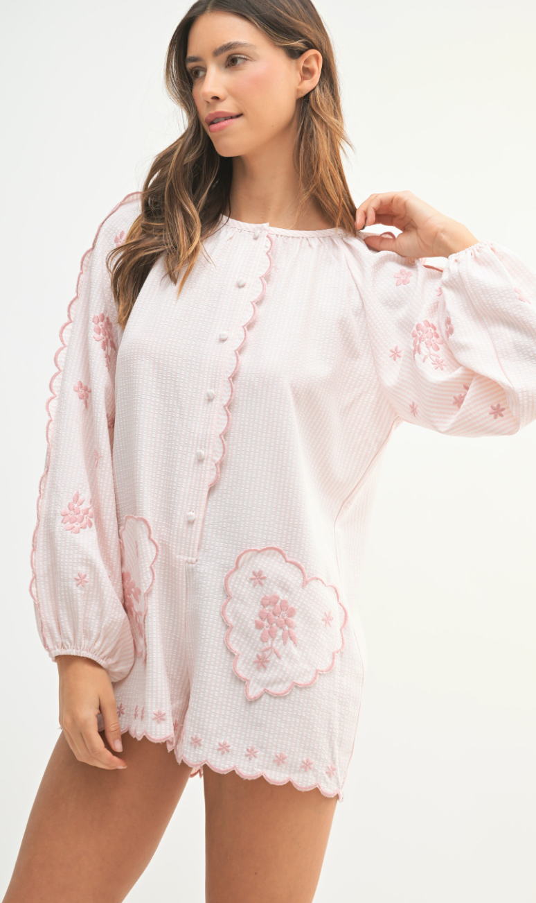 Seersucker Heart Pocket Romper Pink