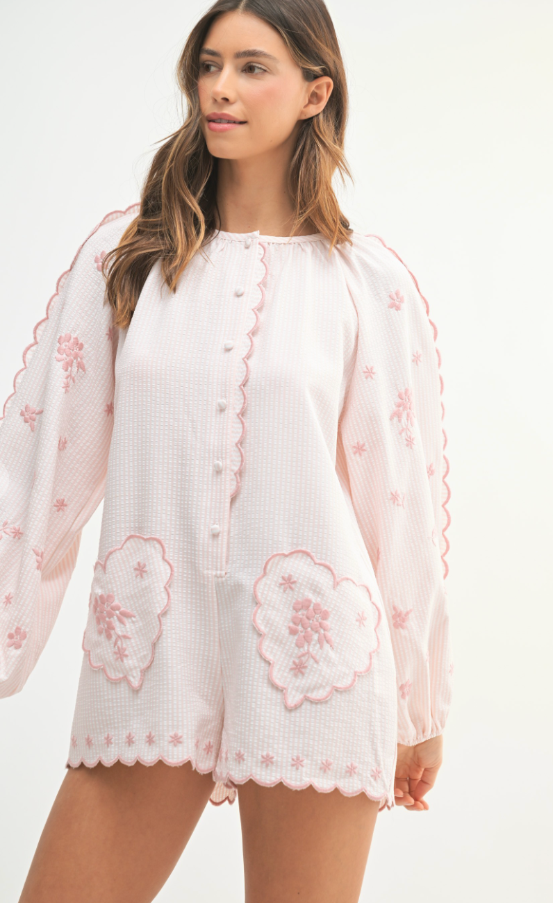 Seersucker Heart Pocket Romper Pink
