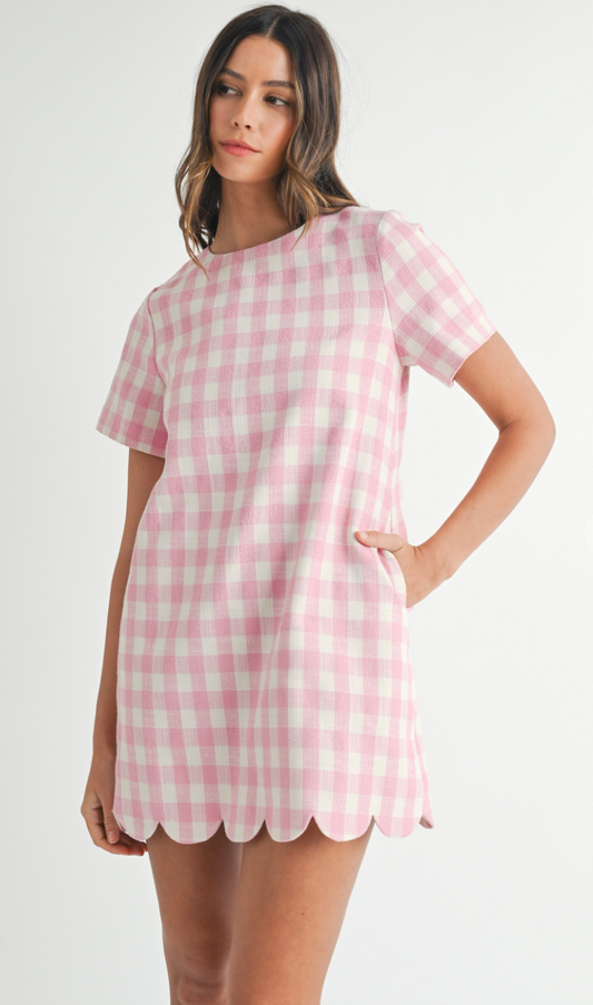 Pink Plaid Scallop Hem Dress