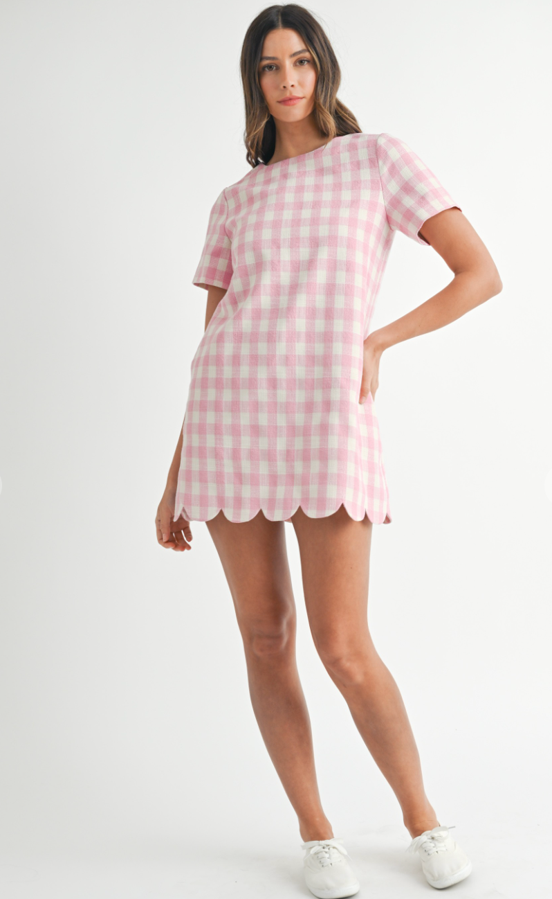 Pink Plaid Scallop Hem Dress