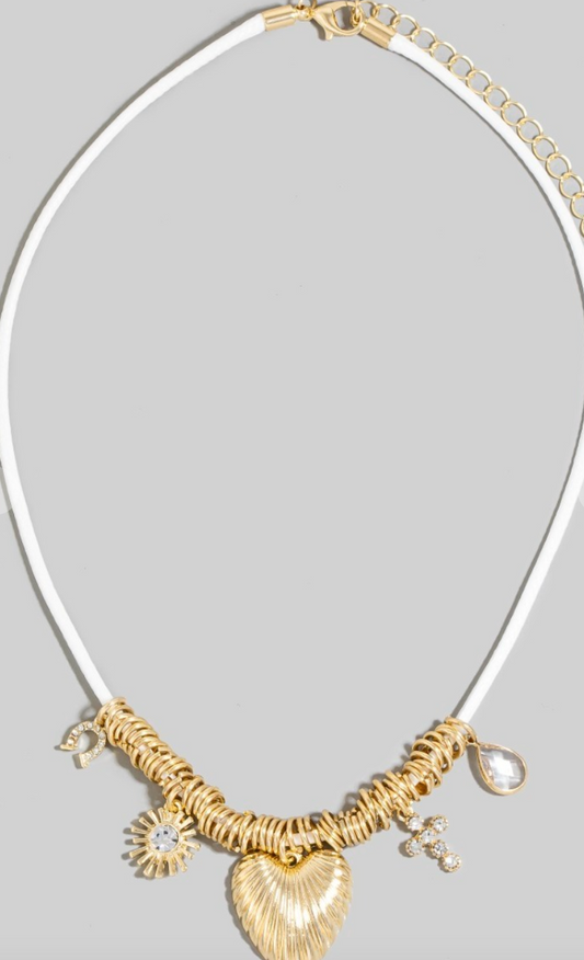 Heart Cross & Gem Cord Necklace