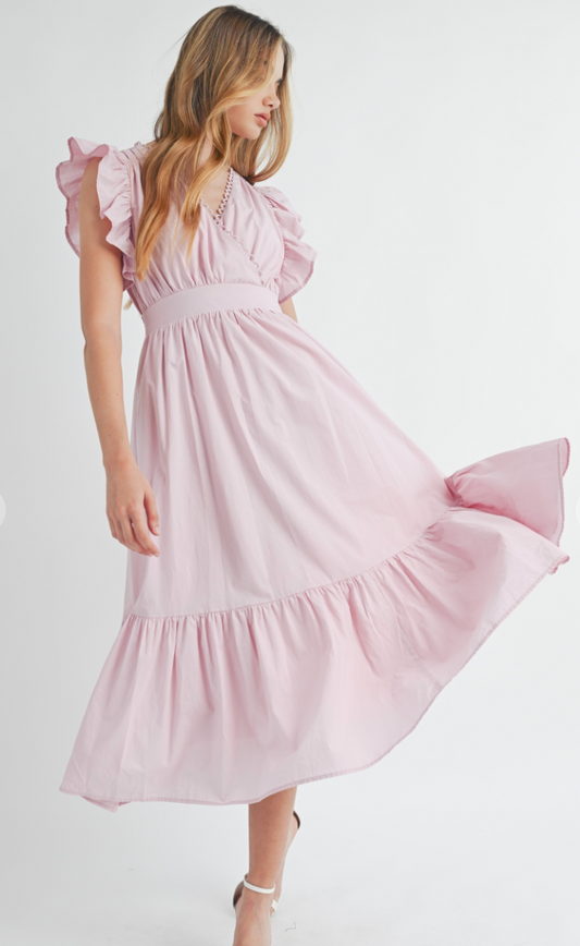 Flutter Sleeve Midi Dress Pink