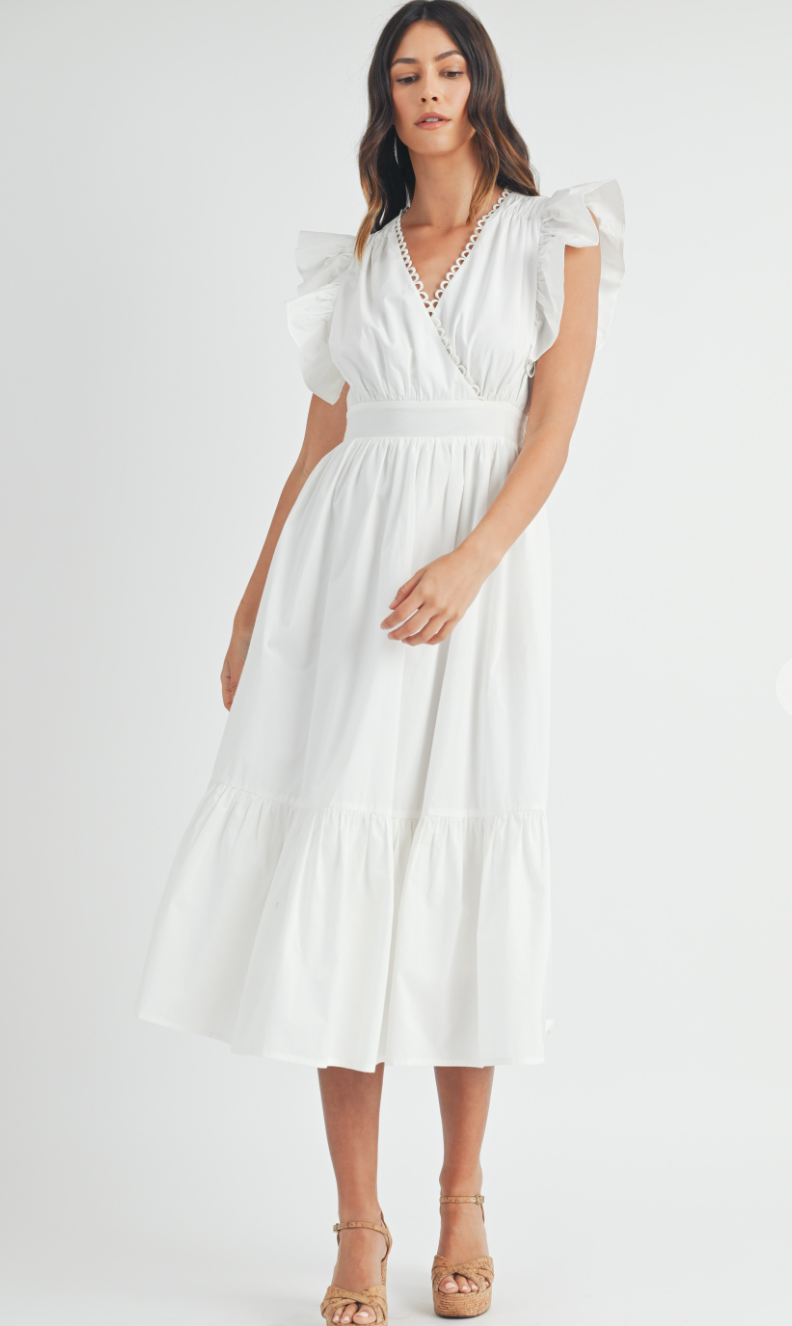 Flutter Sleeve Midi Dress White