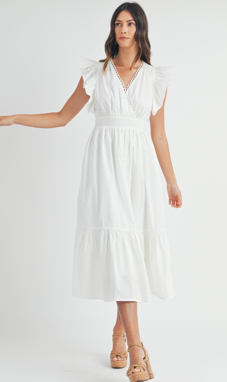 Flutter Sleeve Midi Dress White