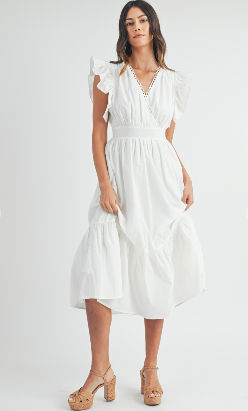 Flutter Sleeve Midi Dress White