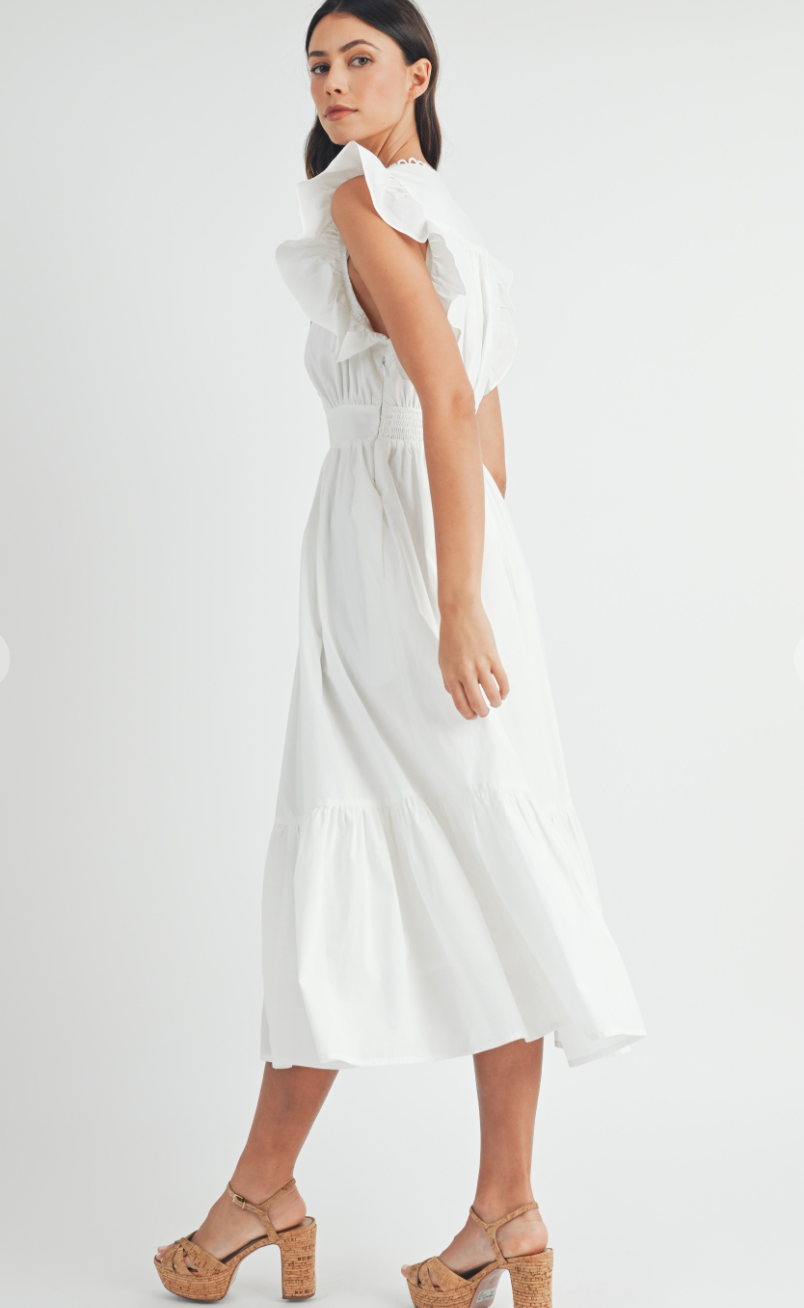 Flutter Sleeve Midi Dress White