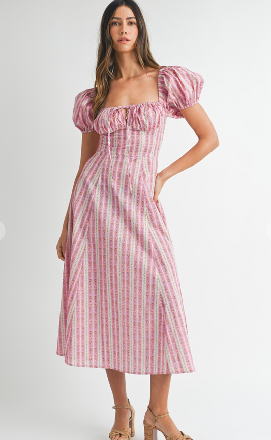 Pink Floral Stripe Midi Dress