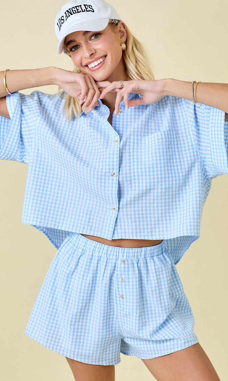 Blue Gingham Shirt & Shorts Set of 2