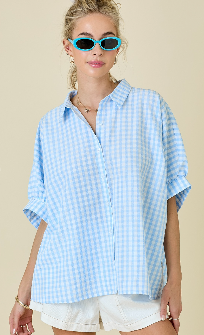 Blue Gingham Dolman Shirt