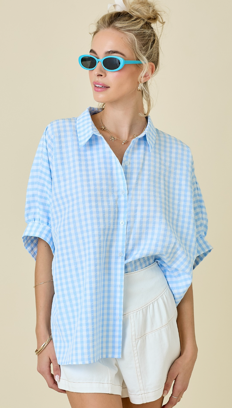 Blue Gingham Dolman Shirt
