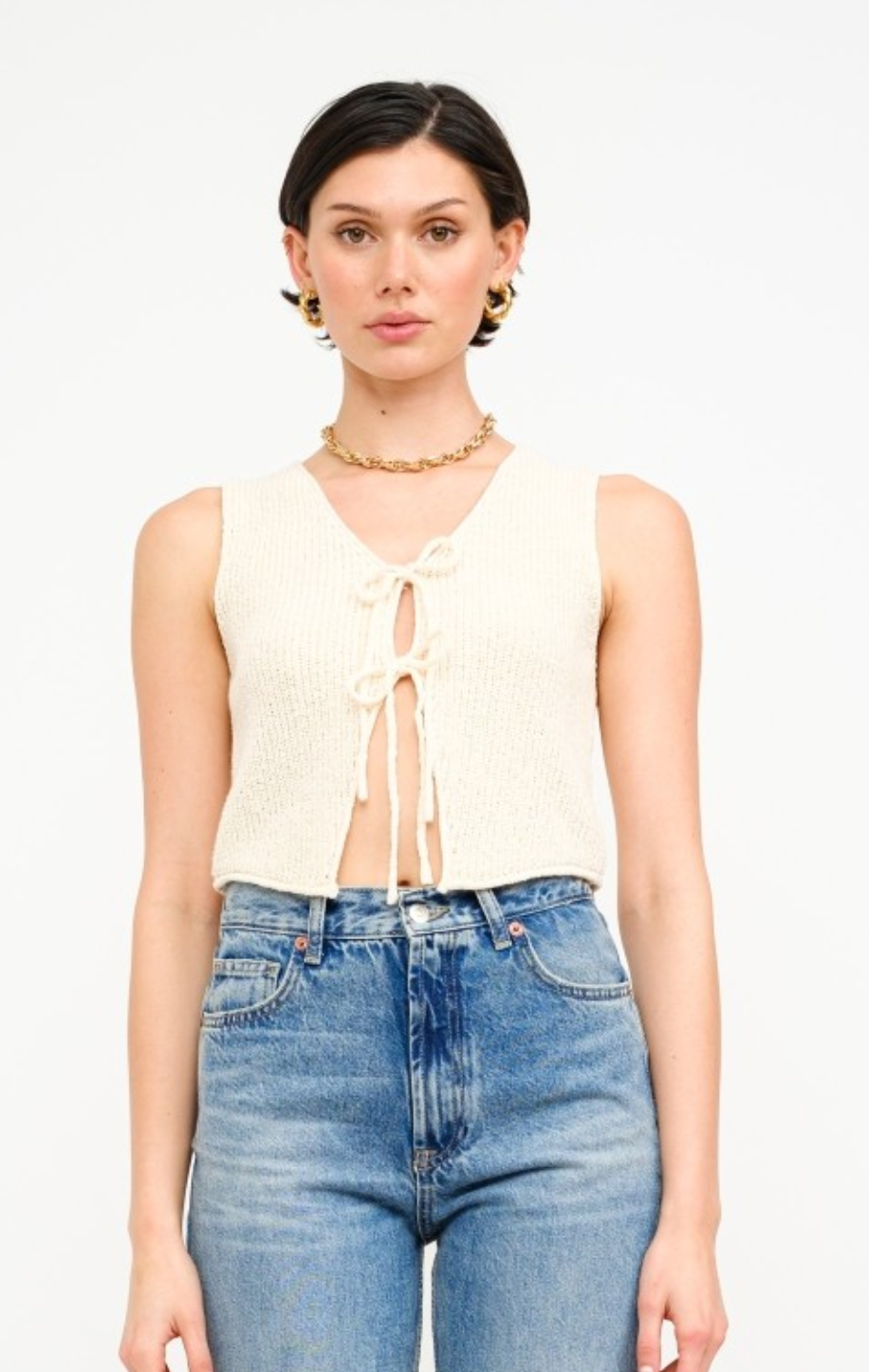 Cream Tie Front Knit Top