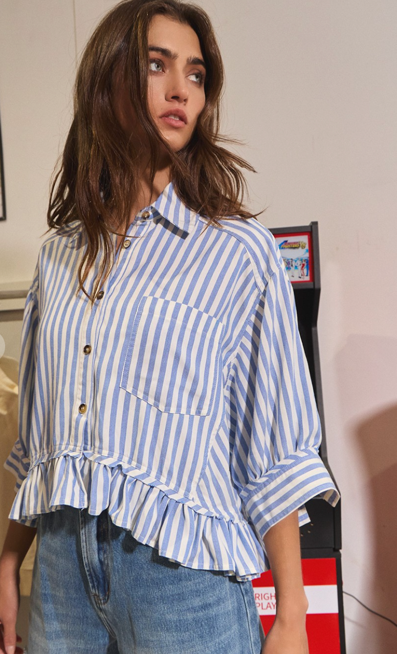 Blue Stripe Ruffle Hem Shirt