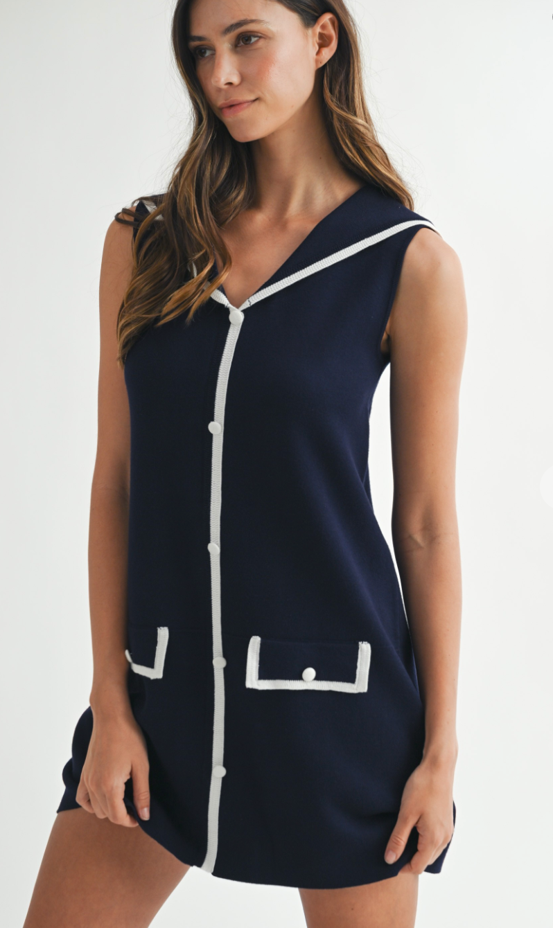 Sailor Collar Knit Dress Navy