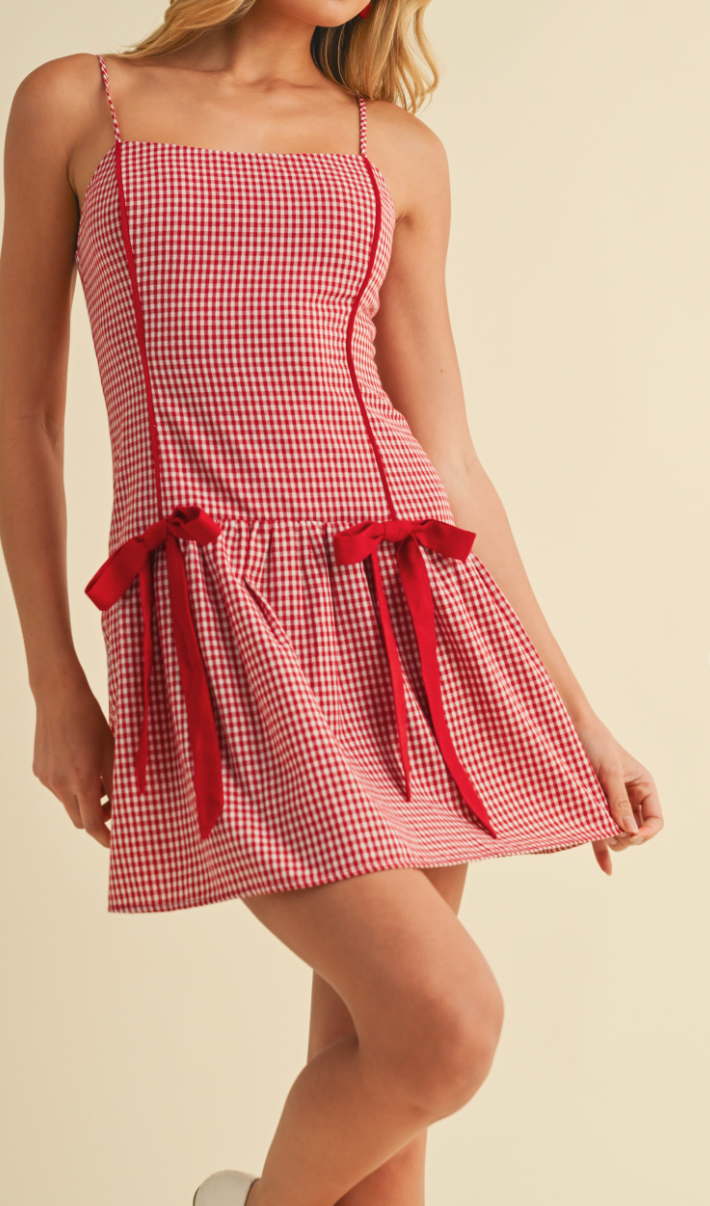 Gingham Double Bow Dress Red