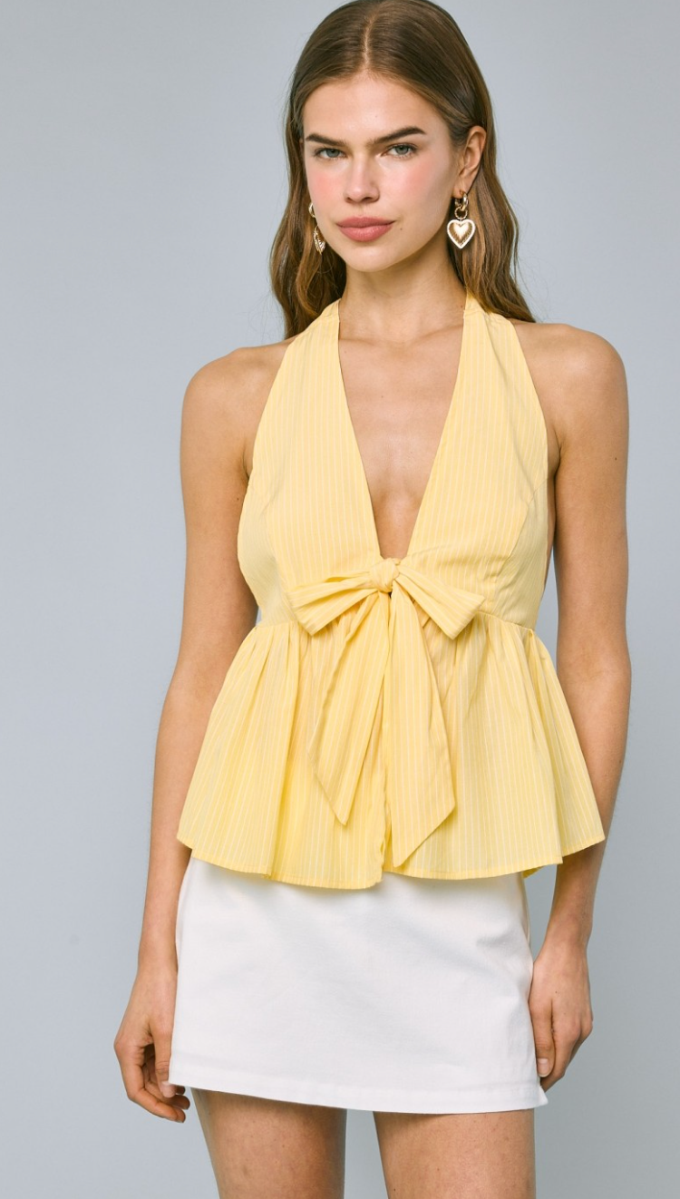 Halter Tie Front Top Yellow Stripe