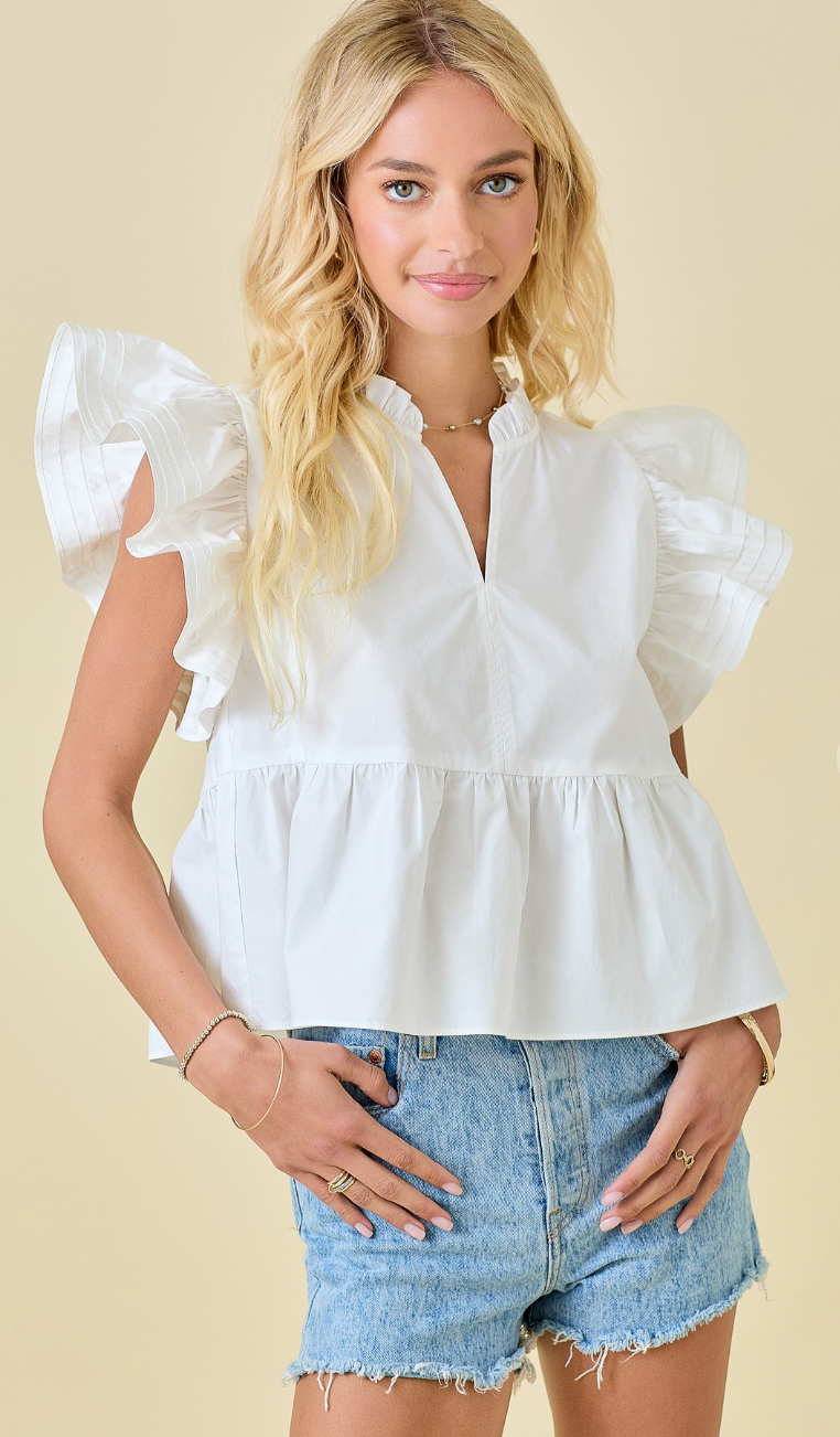 Poplin Ruffle Sleeve Blouse White