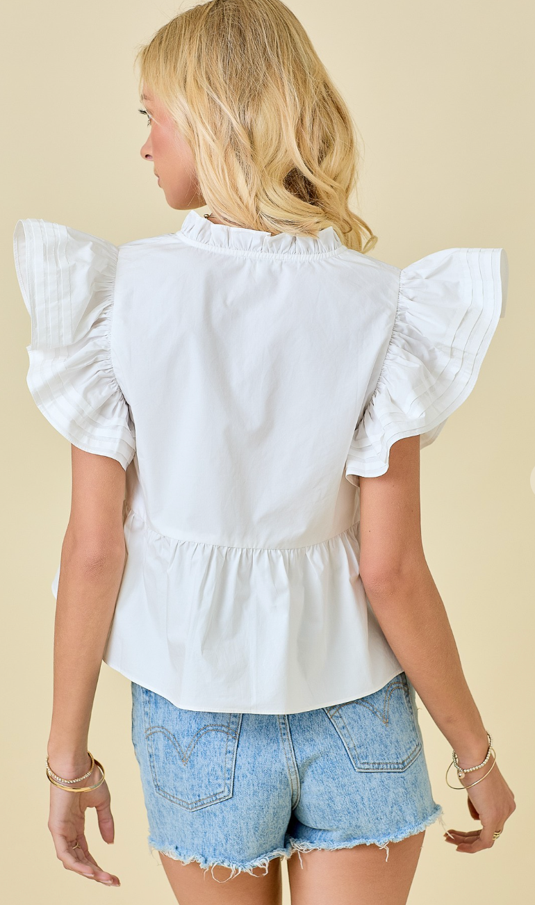 Poplin Ruffle Sleeve Blouse White