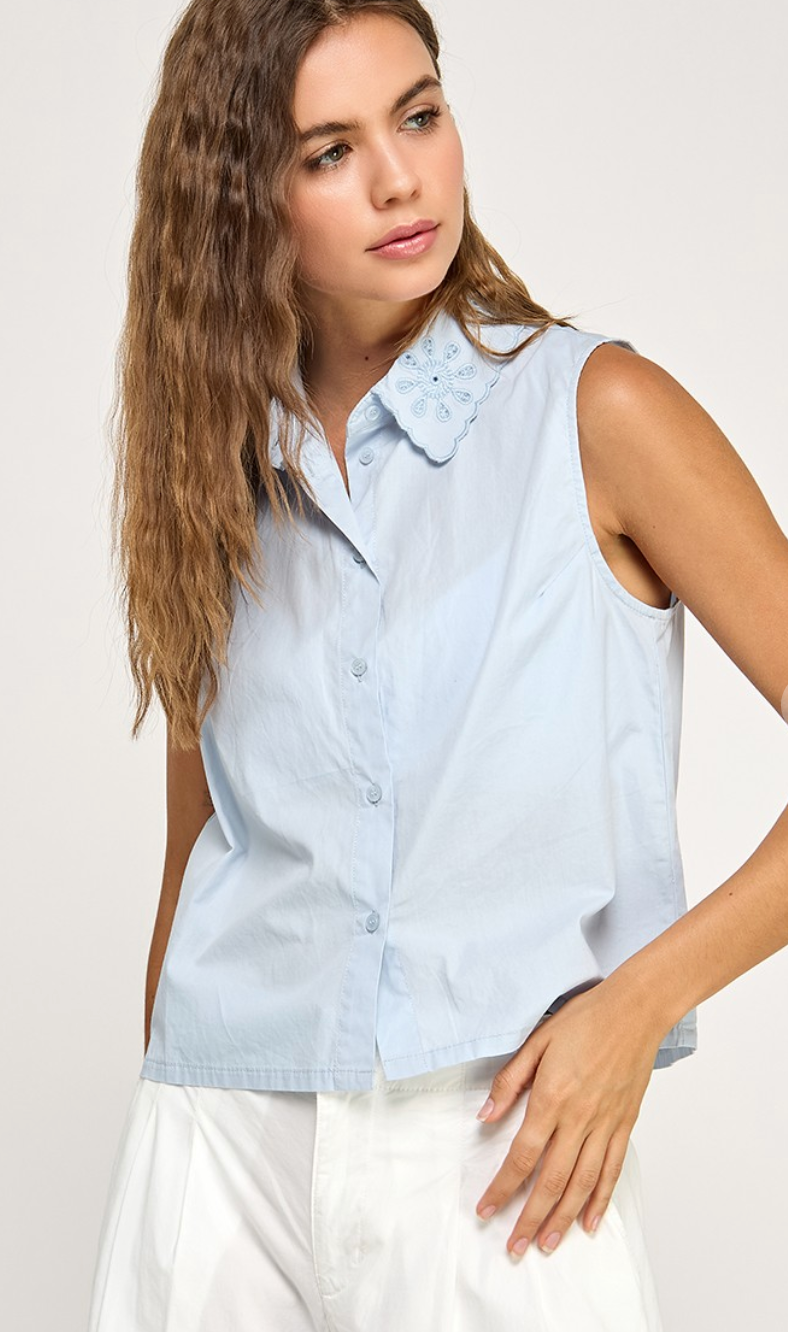 Embroidered Collar Top Blue