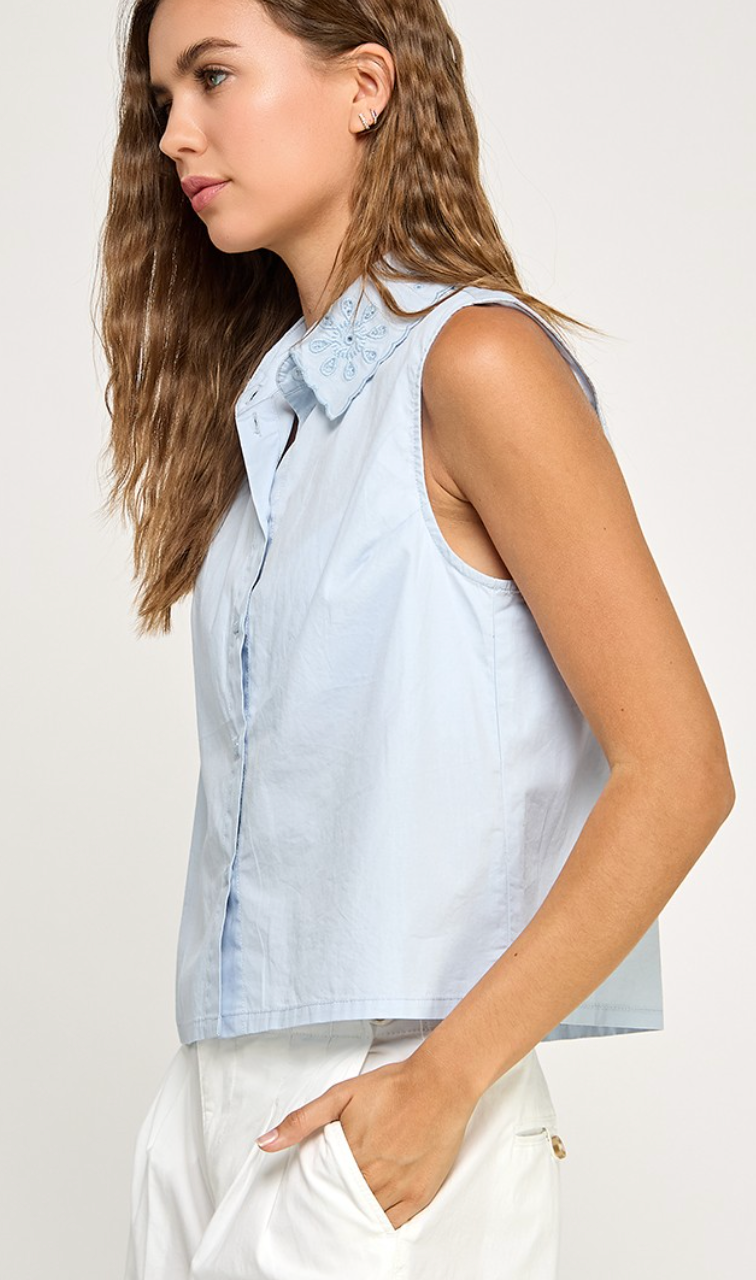Embroidered Collar Top Blue