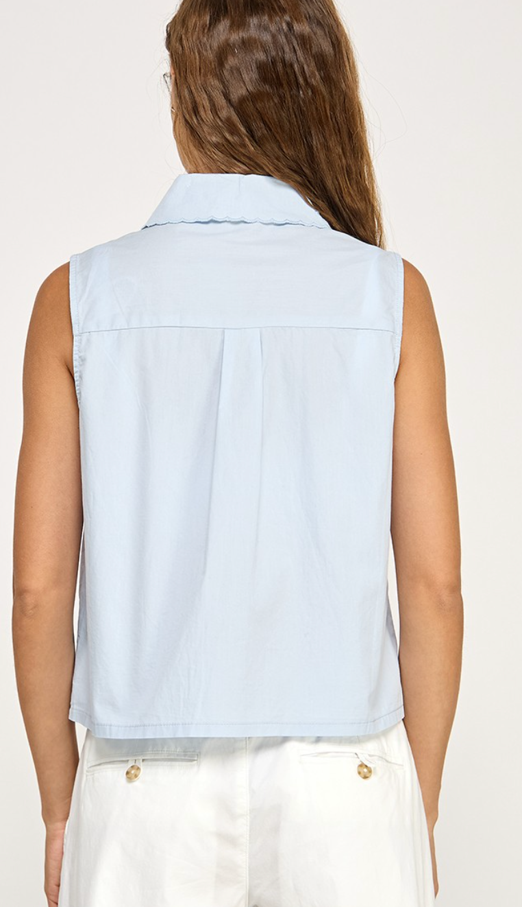 Embroidered Collar Top Blue