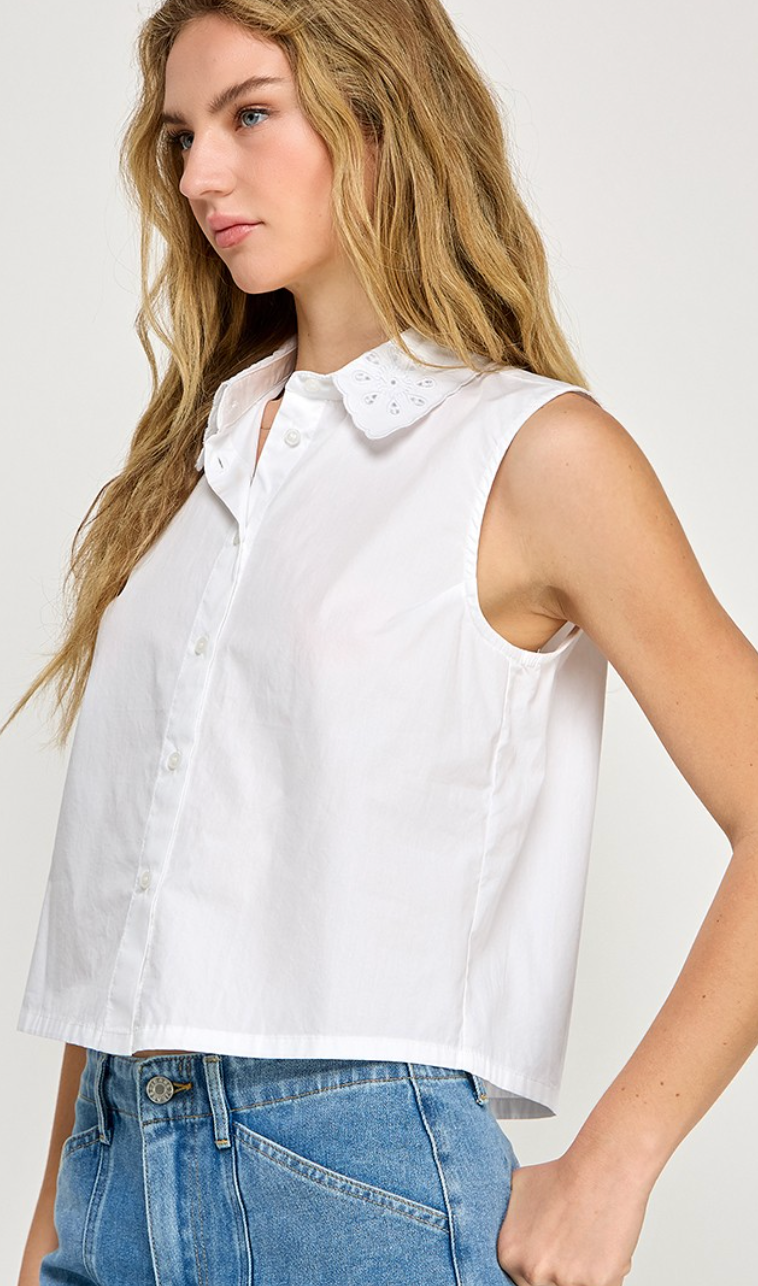 Embroidered Collar Top White
