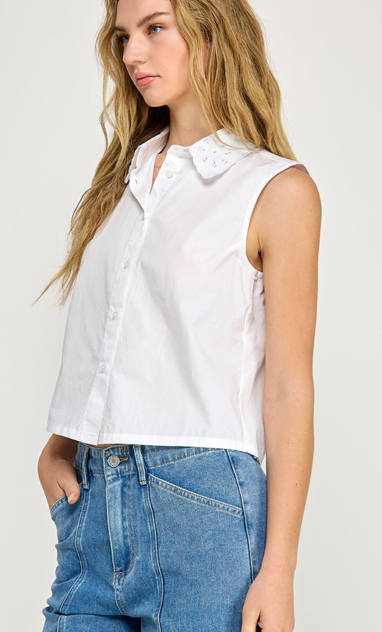 Embroidered Collar Top White