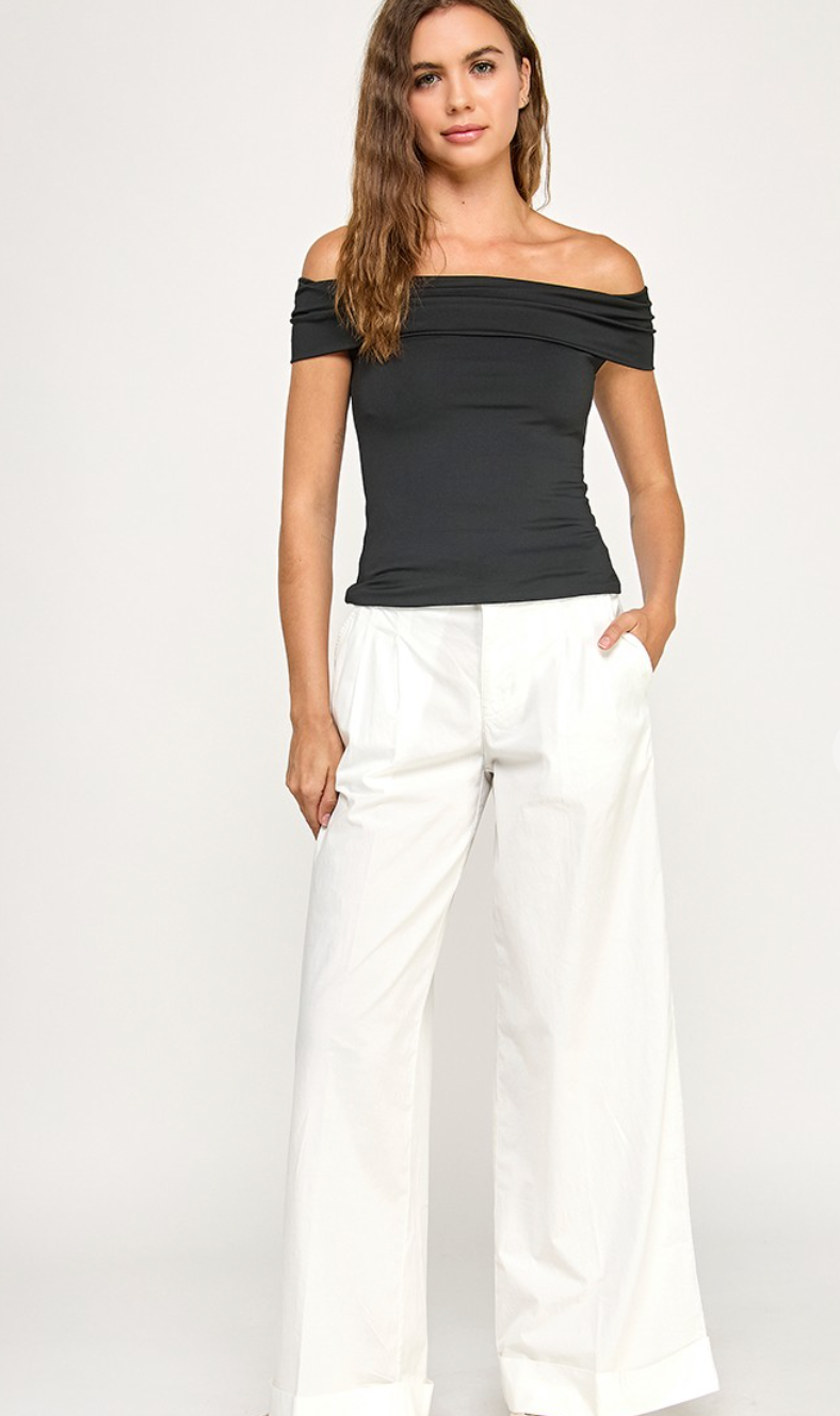 Fold Off Shoulder Top Black