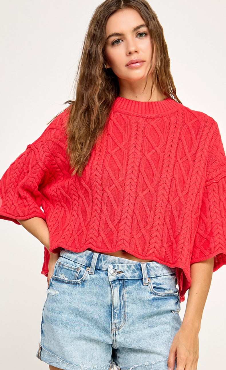 Cable Stitch Cotton Sweater Red