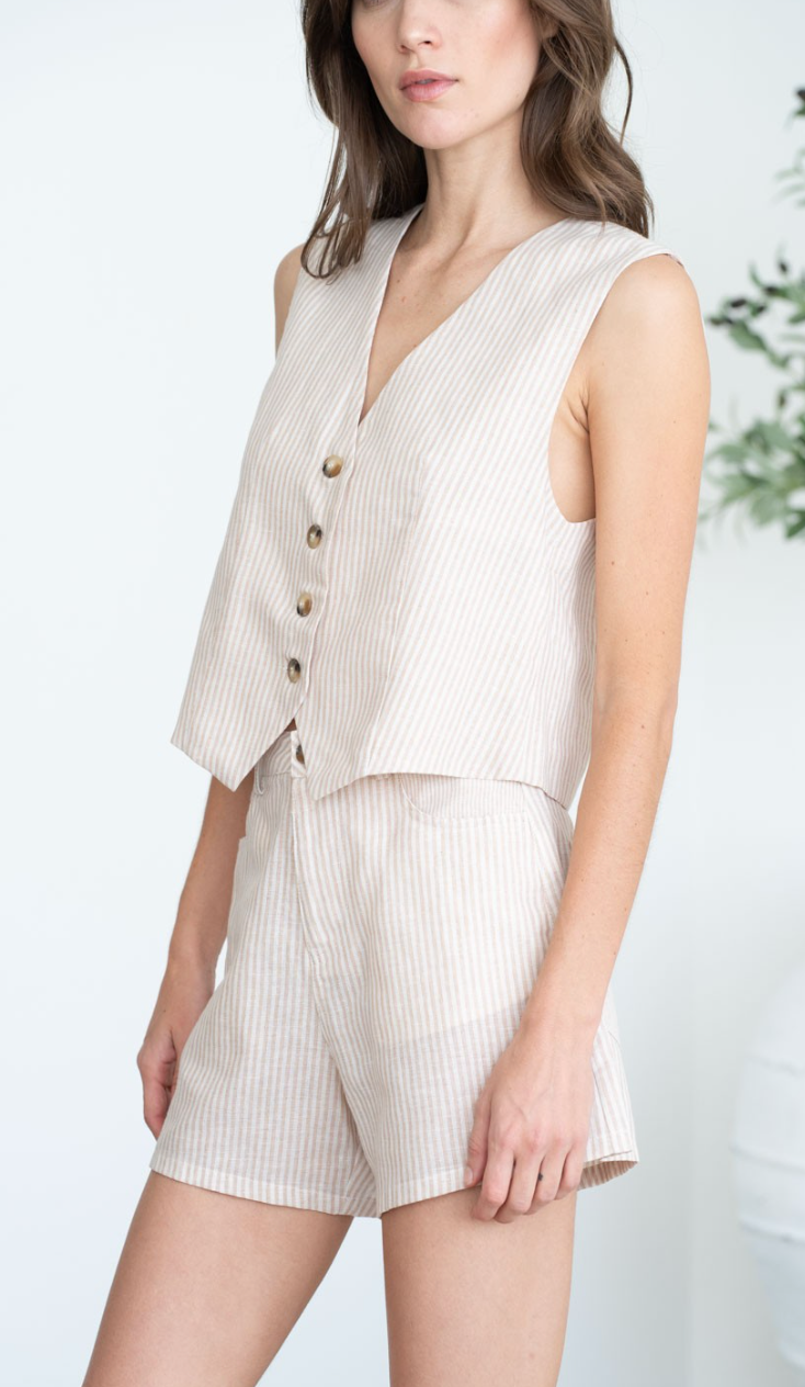 Tan Pinstripe Fitted Shorts