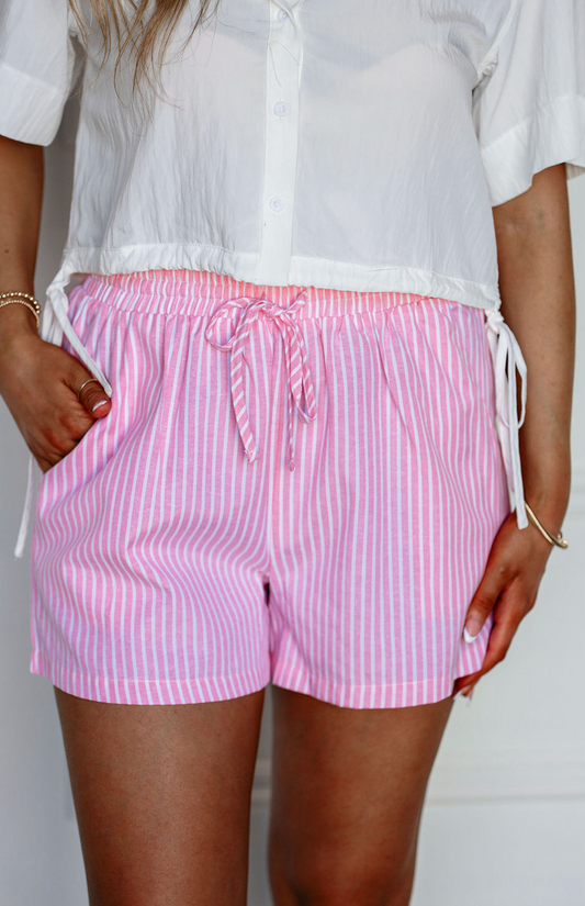 Pink Striped Waist Tie Shorts