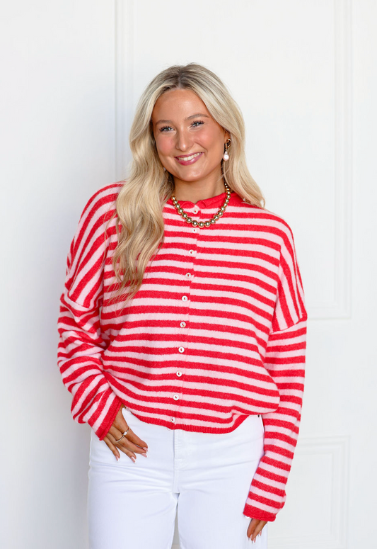 Striped Button Down Cardigan Pink/Red