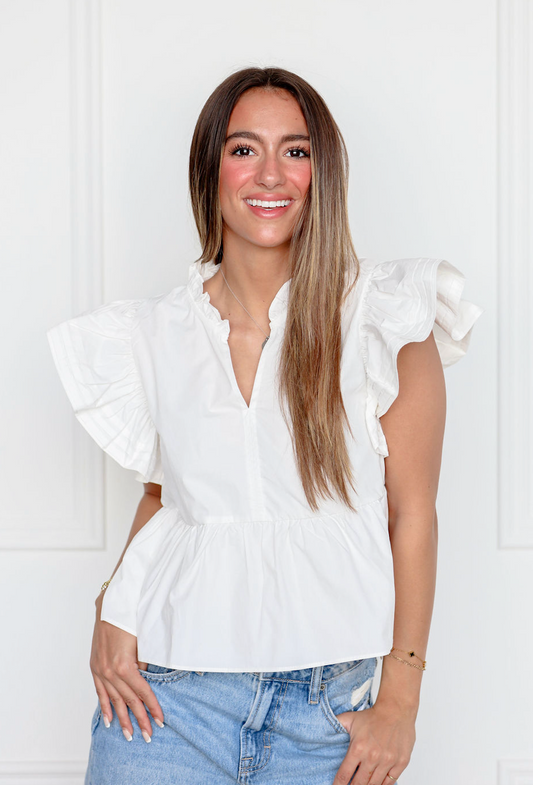 Poplin Ruffle Sleeve Blouse White